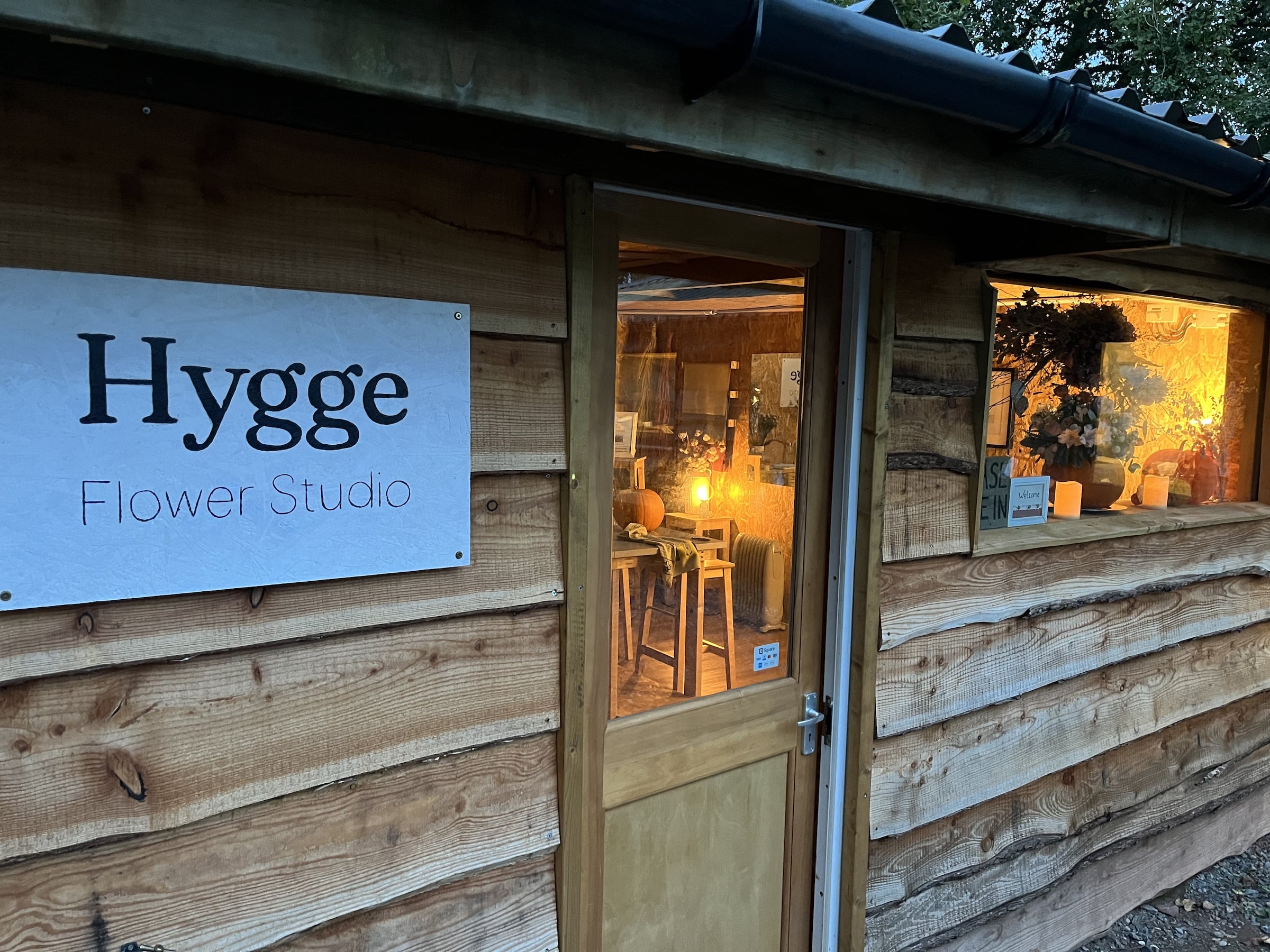 An image of Hygge Flower Studio at dusk in the Autumn